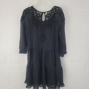 FREE PEOPLE Womens SMALL Dress BLACK Sheer Eyelet Embroidery Boho Tiered Ruffle